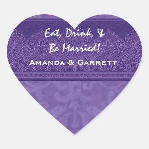 Purple Eat Drink and Be Married Damask Wedding WE7 Heart Sticker