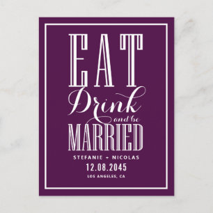Purple Eat, Drink and Be Married Save the Date Announcement Postcard