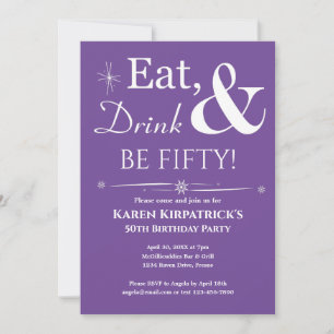 Purple Eat Drink Be Fifty 50th Birthday Midcentury Invitation