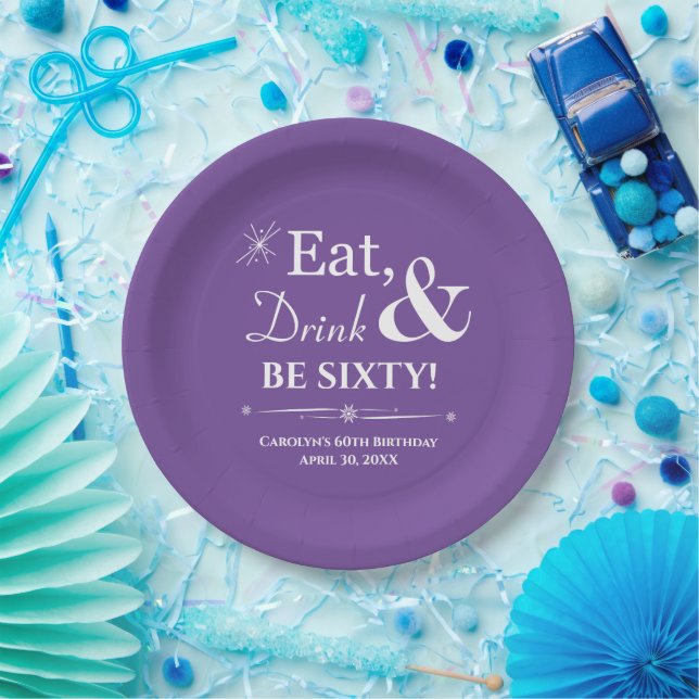 Purple Eat Drink & Be Sixty Retro 60th Birthday Paper Plate (Party)