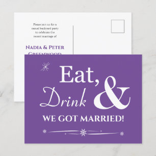 Purple Eat Drink We Got Married Retro Elopement Postcard