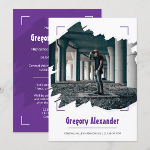 Purple Edgy Abstract Brushstroke Photo Graduation Invitation