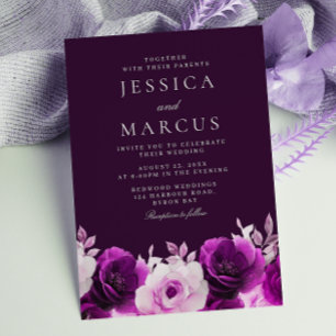 Purple Eggplant, Indigo, Lilac Roses Wedding Invitation