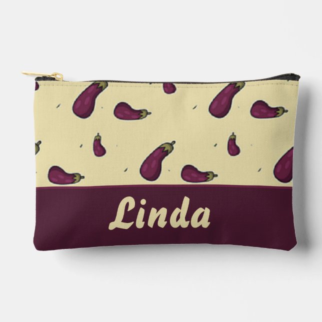 Purple eggplants on yellow accessory pouch (Front)