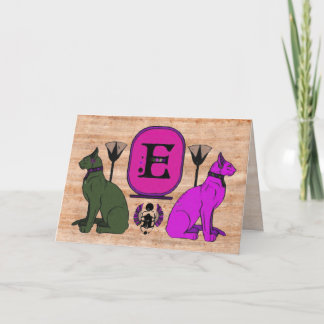 Purple Egyptian Cat Monogram Greeting Card: E Note Card