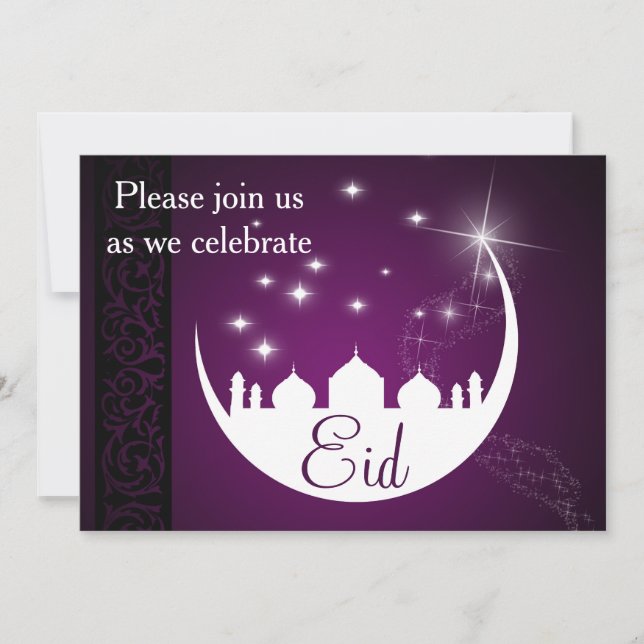 Purple Eid Mubarak Moon Mosque Invitation (Front)