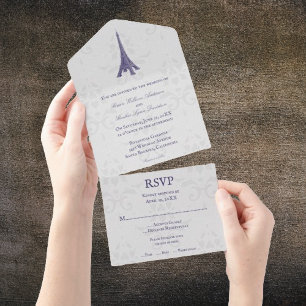 Purple Eiffel Tower Damask All in One Wedding Invitation