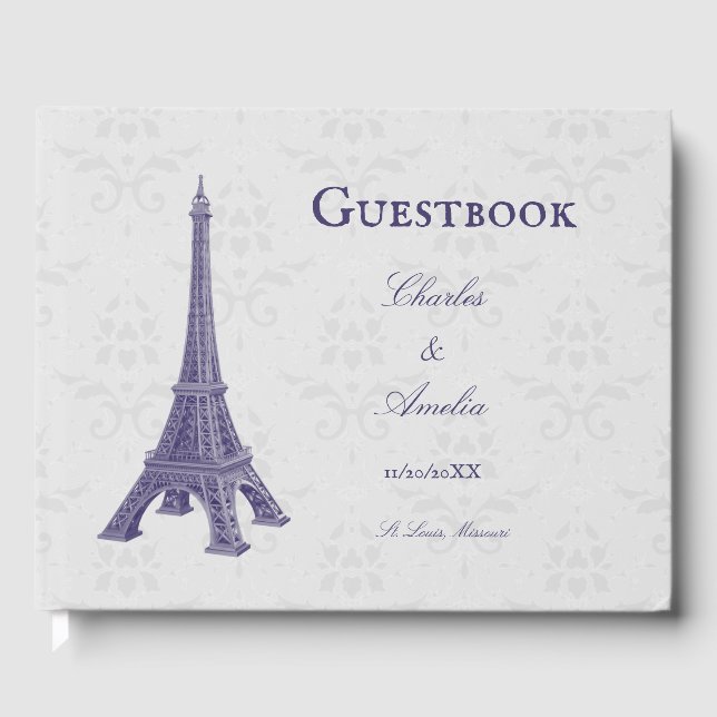 Purple Eiffel Tower Damask Guest Book (Front)