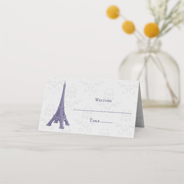Purple Eiffel Tower Damask Reception Place Card (Front)
