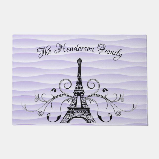 Purple Eiffel Tower Flourish Personalized Door Mat (Front)