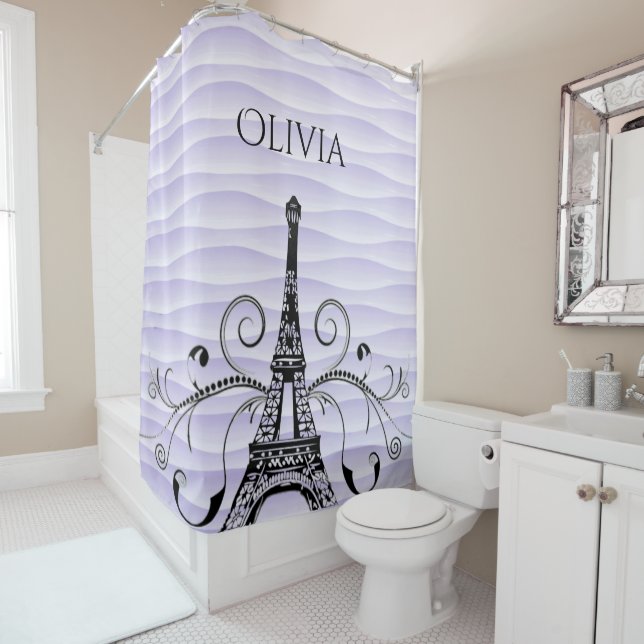 Purple Eiffel Tower Flourish Shower Curtain (In Situ)