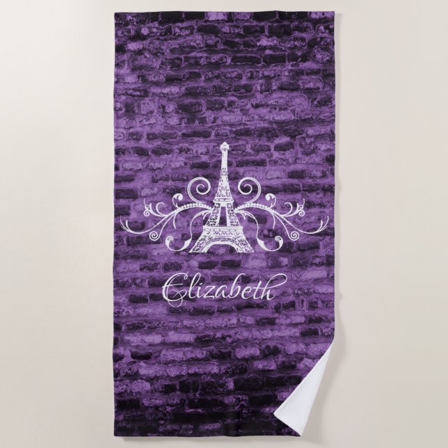 Purple Eiffel Tower Grunge Beach Towel (Front)