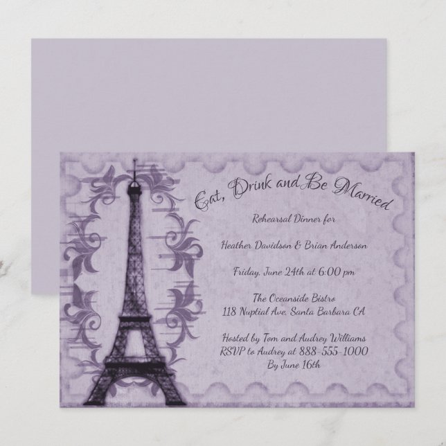 Purple Eiffel Tower Rehearsal Dinner Invitation (Front/Back)