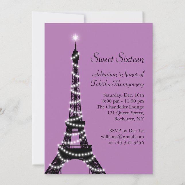 Purple Eiffel Tower Sweet 16 Invitation (Front)