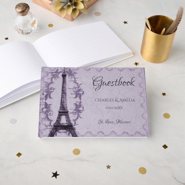 Purple Eiffel Tower Wedding Day Guestbook (Front Open)