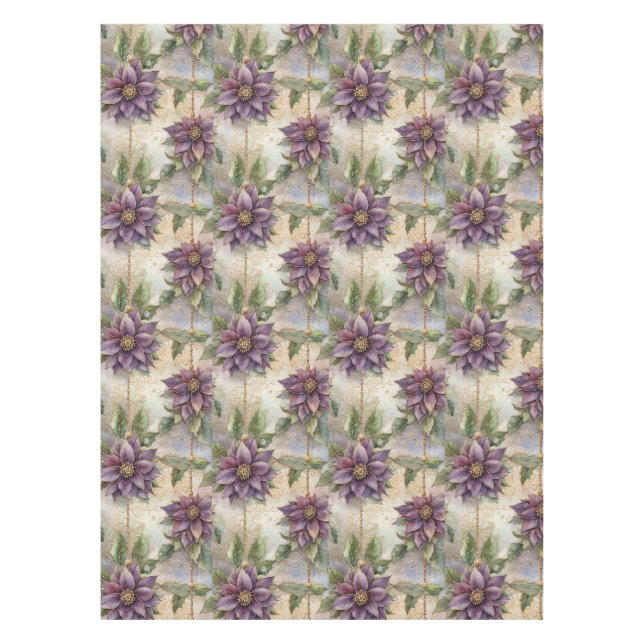 Purple Elegance Luxe Poinsettia & Holly Christmas Tablecloth (Front)