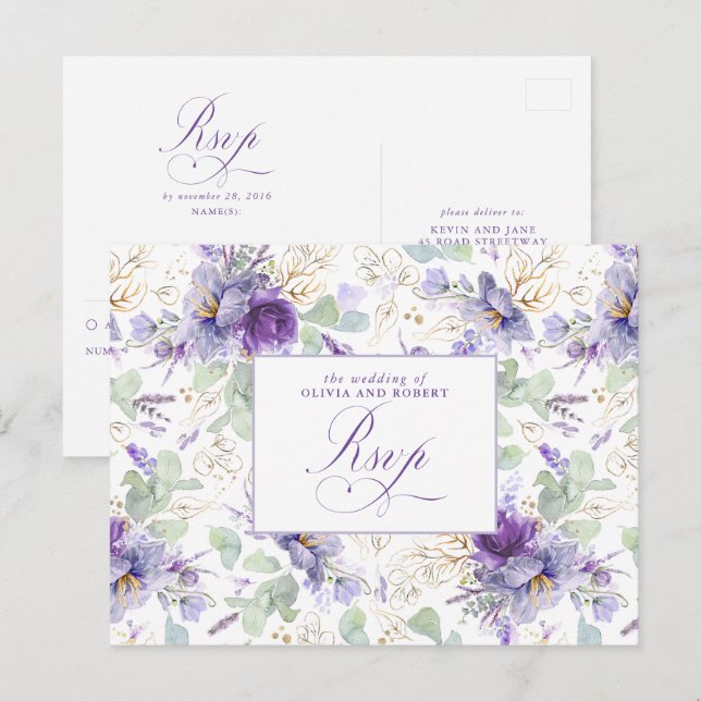 Purple Elegant Botanical Wedding RSVP Postcard (Front/Back)