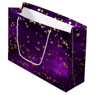 Purple Elegant Celestial Starry Gold Stars Design Large Gift Bag