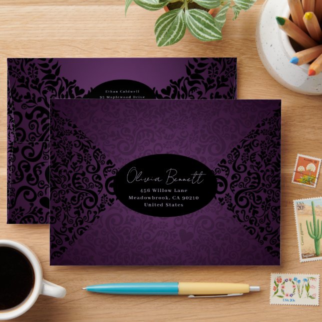 Purple Elegant Dark Damask Pattern Envelope (Desk)