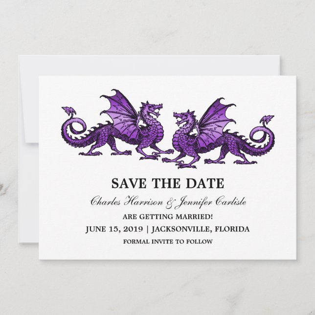 Purple Elegant Dragons Save the Date Invite (Front)