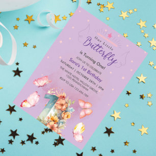 Purple Elegant First 1st Birthday Pink Butterfly Invitation