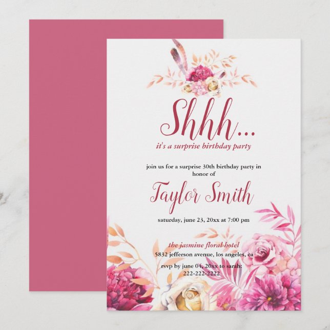 Purple elegant Floral Surprise Party Invite (Front/Back)