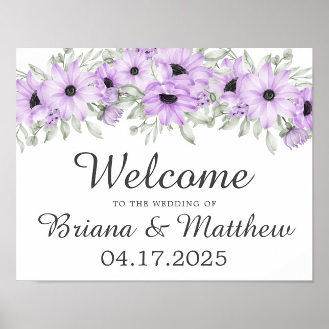 Purple Elegant Floral Wedding Welcome Sign (Front)