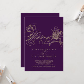 Purple Elegant Gold Calligraphie Faire-part de mar