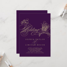 Purple Elegant Gold Calligraphy Wedding Invitation