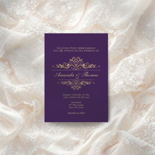 Purple elegant golden frame ornament wedding  invitation