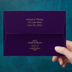 Purple elegant golden frame wedding invitation  envelope