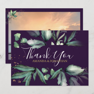 Purple Elegant Greenery Photo Wedding  Thank You Card