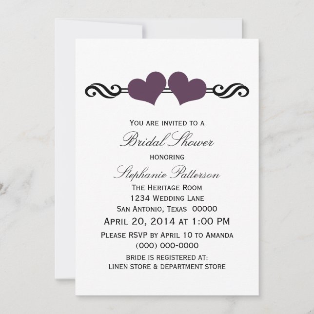 Purple Elegant Hearts Fête des mariées Invitation (Devant)