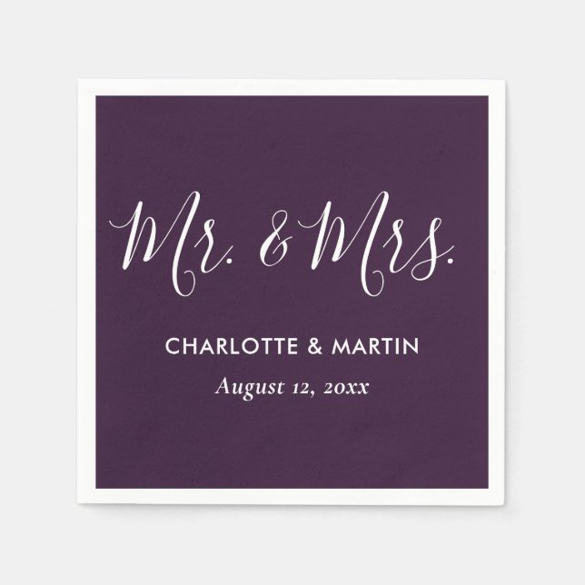 Purple Elegant Modern Script Mr. and Mrs. Wedding Napkin (Front)