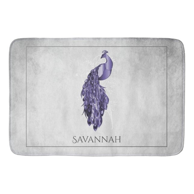 Purple Elegant Peacock Personalized Bath Mat (Front)