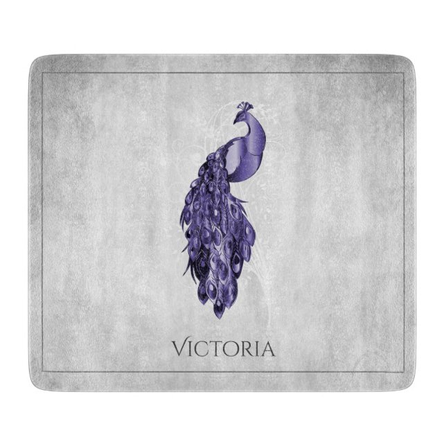 Purple Elegant Peacock Personalized Cutting Board (Front)