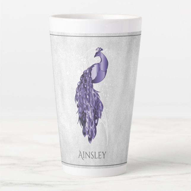 Purple Elegant Peacock Personalized Latte Mug (Front)