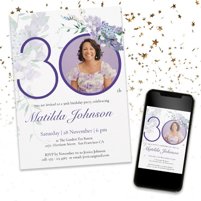 Purple Elegant Photo Floral 30th Birthday Party Invitation (Mockup View)