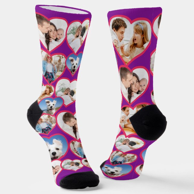 Purple Elegant Red Heart Pattern | 5 Photo Collage Socks (Angled)