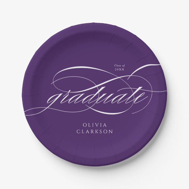 Purple Elegant Script Graduation Party Paper Plate (Front)