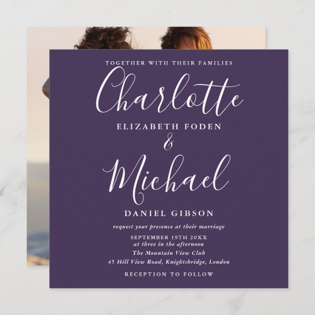 Purple Elegant Script Mariage Photo Invitation (Devant / Derrière)