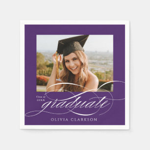Purple Elegant Script Photo Graduation Party Napkin