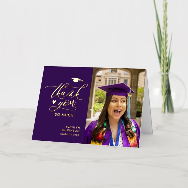 Purple Elegant Script Photo Graduation Thank You Foil Greeting Card (Front)