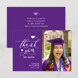 Purple Elegant Script Photo Minimalist Graduation  Thank You Card