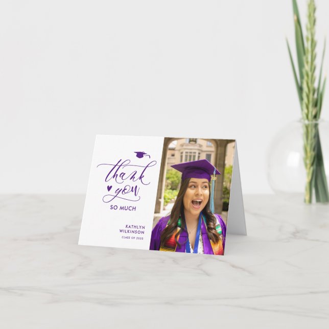 Purple Elegant Script Photo Minimalist Graduation Thank You Card (Front)