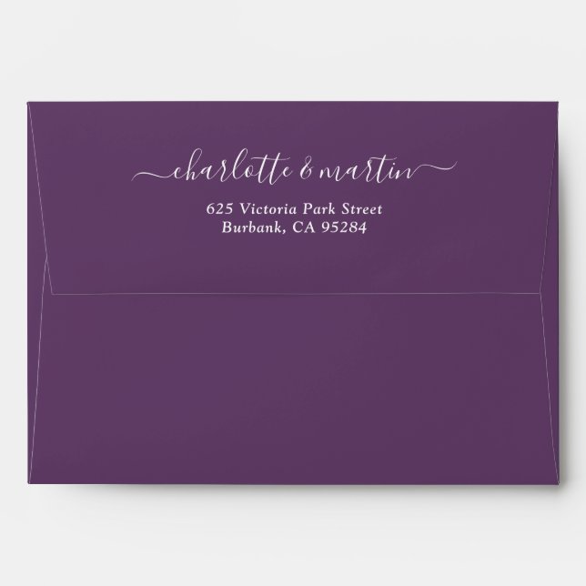 Purple Elegant Script Return Address Wedding Envelope (Back (Top Flap))