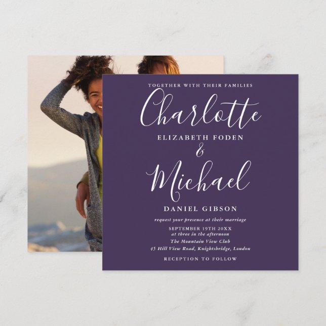 Purple Elegant Script Wedding Photo Invitation (Front/Back)