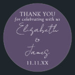 Purple Elegant Script Wedding Thank You Classic Round Sticker<br><div class="desc">This purple minimalist elegant script wedding thank you sticker can be personalized with your information in chic typography. Designed by Thisisnotme©</div>