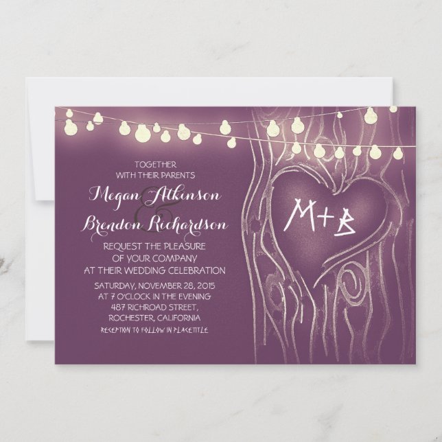 Purple elegant string lights tree romantic wedding invitation (Front)