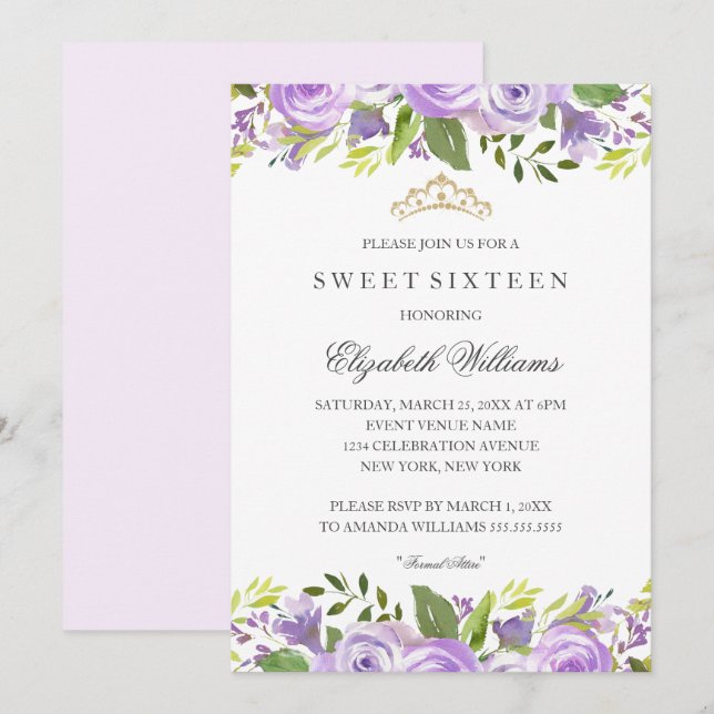 Purple Elegant Watercolor Floral Sweet Sixteen Invitation (Front/Back)